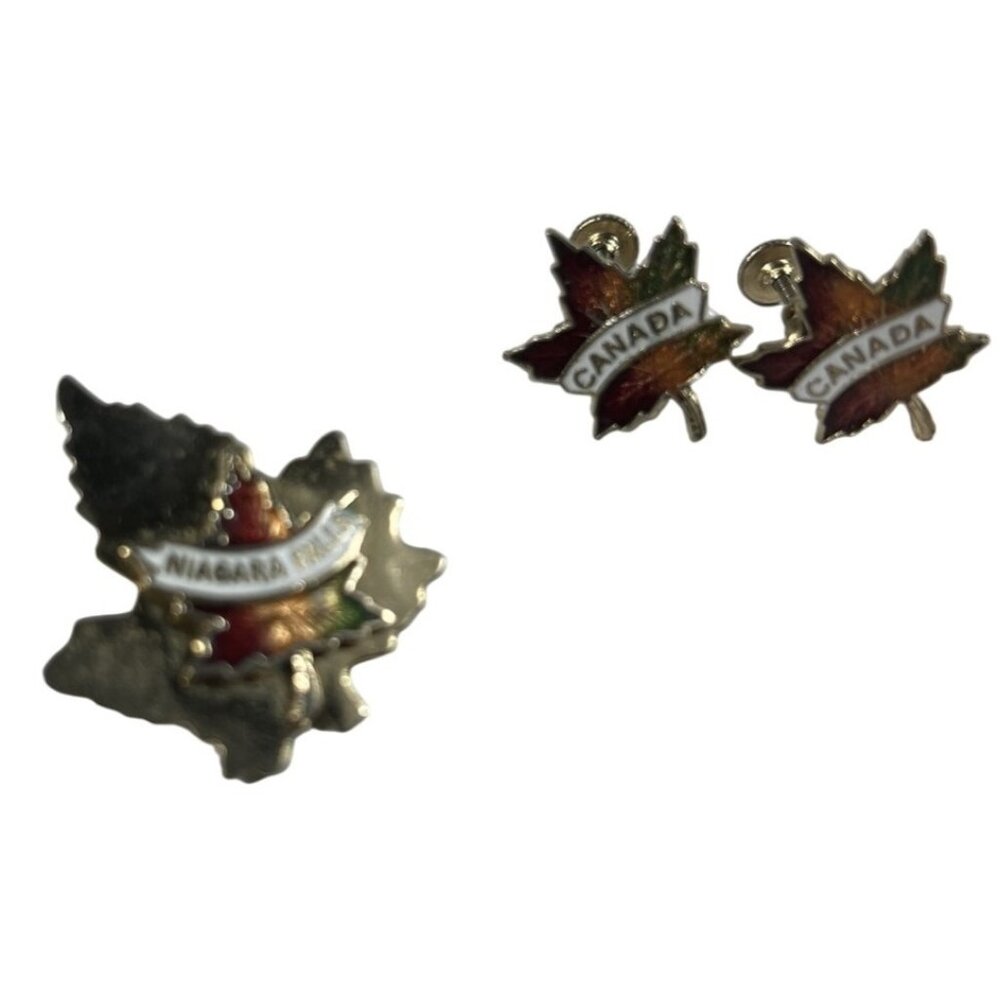 Vintage Niagara Falls Canada Maple Leaf‎ Pin & Screw-Back Earrings Set Gold-Tone
